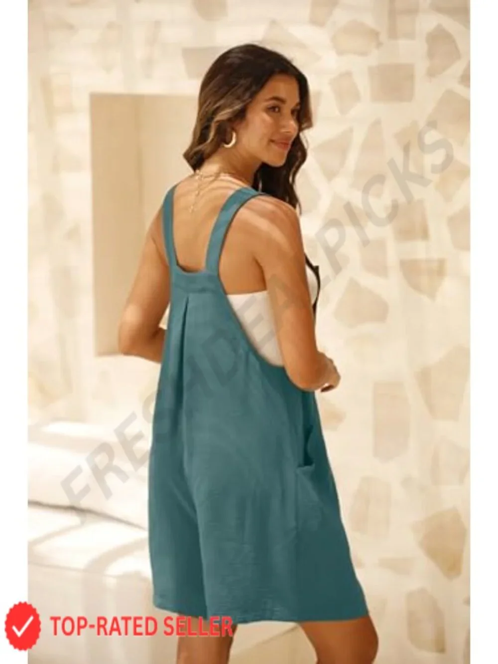 Sleeveless Square Neck Loose Overall Shorts Jumpsuit with Pockets Summer Beach